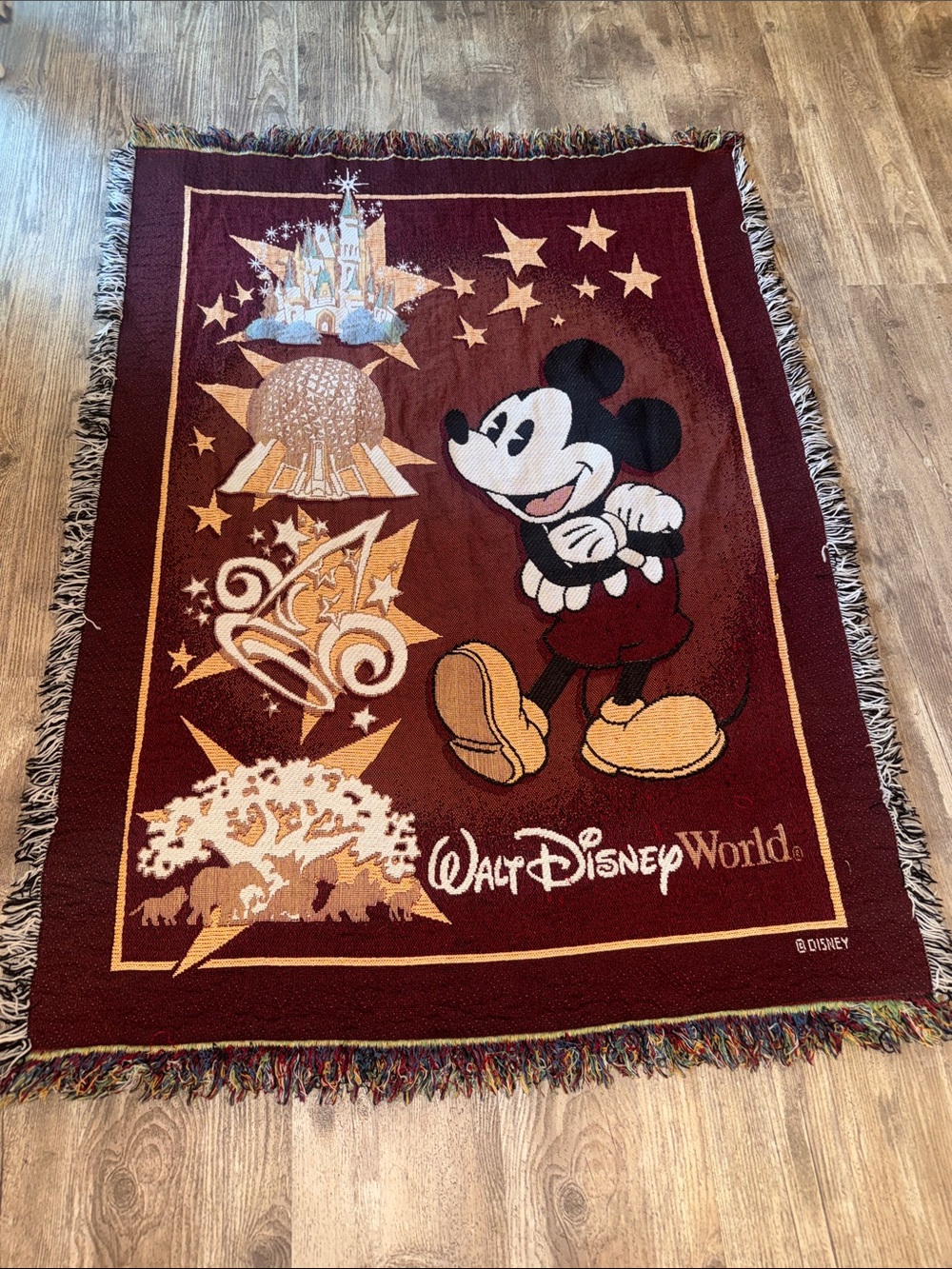 Disney Burgundy Mickey Mouse Woven Throw with Gold and Cream Accents